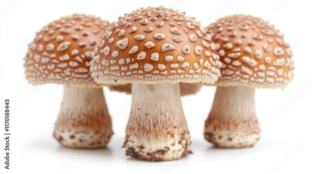 Obraz premium Close-up of Beautiful Brown Mushrooms with Decorative White Spots on Caps Against a White Background, Perfect for Food and Nature Themes