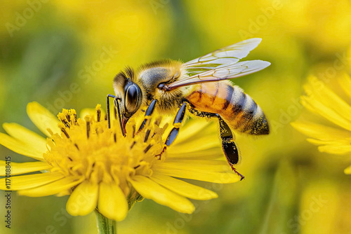 A diligent bee diligently collecting pollen from vibrant flowers photo