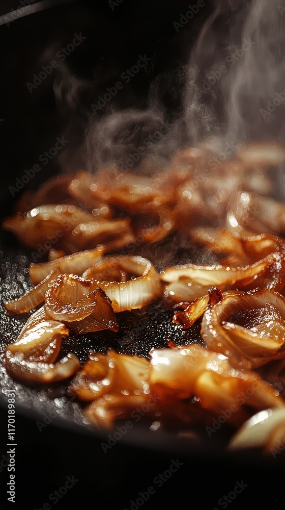 Golden Caramelized Onions Cooking in a Pan with Steam rising Golden Caramelized Onions Cooking in a Pan with Steam rising