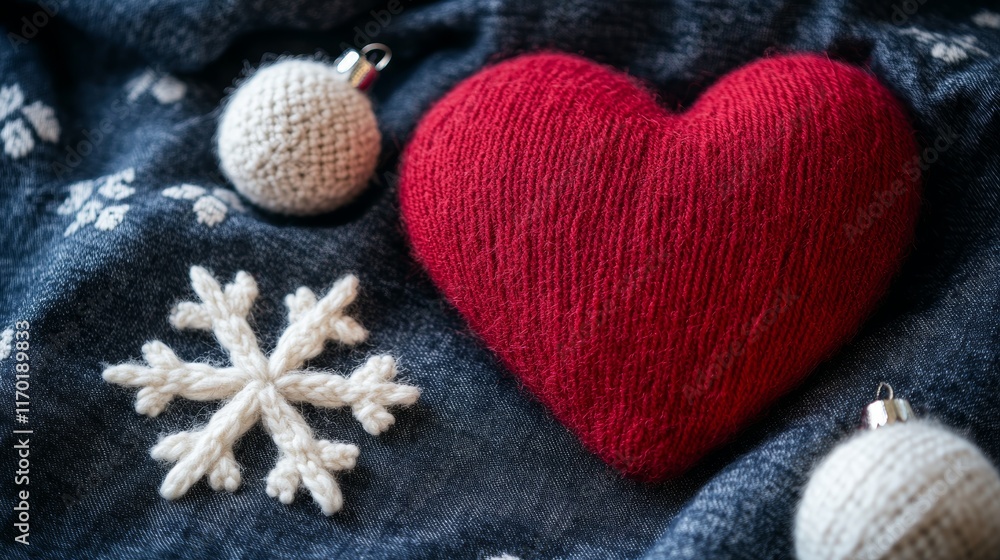 Fototapeta premium Red valentines day heart with white ornaments or snowflake made from wool on dark fabric background Concept of love warmth and christmas