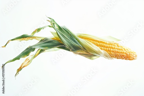 Fresh corn on the cob with husks, isolated on white background.