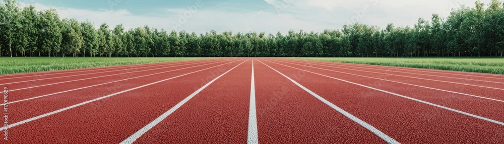 A vibrant red running track stretches into the distance, bordered by lush green trees under a clear blue sky. A vibrant red running track stretches into the distance, bordered by lush green trees under a clear blue sky.