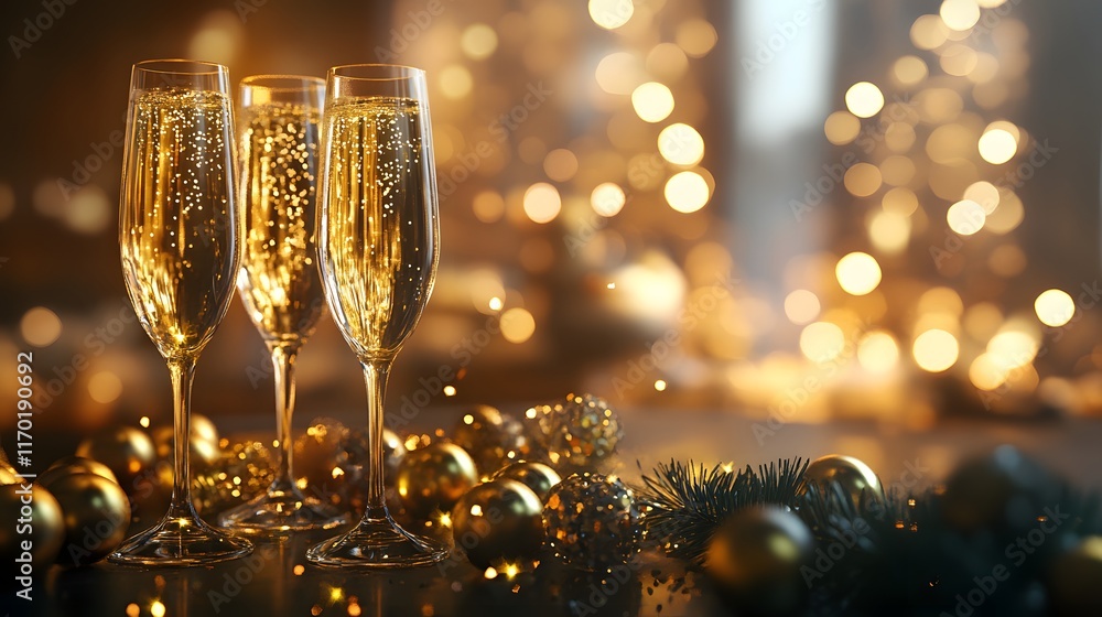 Festive Champagne Flutes with Golden Ornaments and Lights Festive Champagne Flutes with Golden Ornaments and Lights