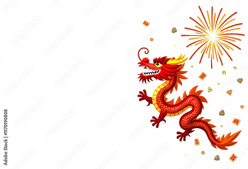 Fototapeta premium Vector illustration of Chinese dragon with Chinese New Year celebration with firework.