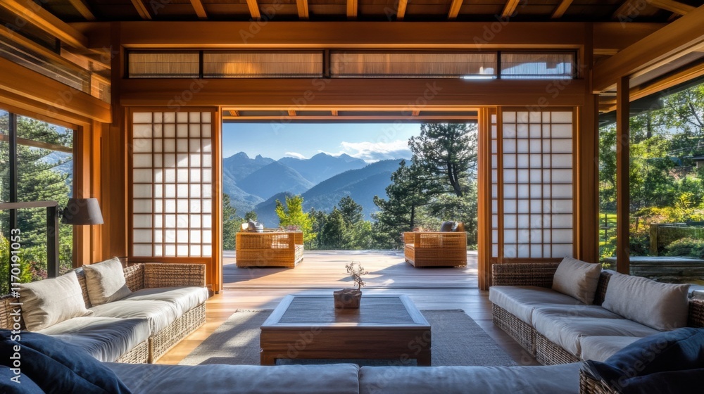Fototapeta premium Shoji paper doors in a rustic wooden frame, opening to a view of the mountains, blending indoor and outdoor spaces