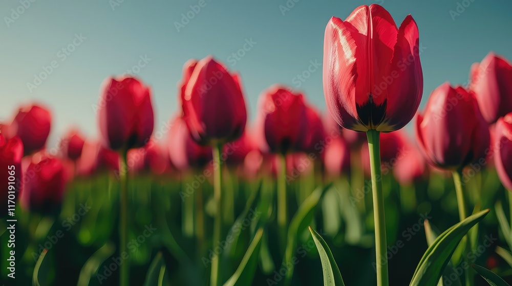 Vibrant Pink Tulips in Bloom under a Clear Blue Sky Vibrant Pink Tulips in Bloom under a Clear Blue Sky