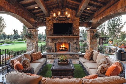 Luxury outdoor living space with indoor fireplace, couches, chairs, grass, built - in TV, golf green, wooden ceiling beams, light wood accents, stone wall and chandelier. photo