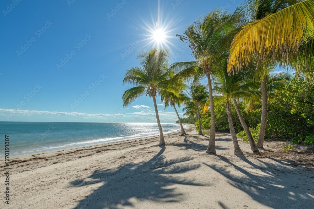Sunny beach with palm trees.