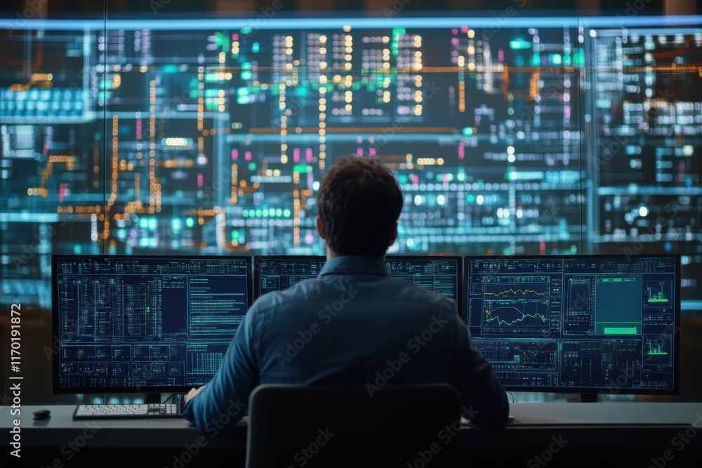 Smart grid control center managing renewable energy distribution across a connected city Smart grid control center managing renewable energy distribution across a connected city