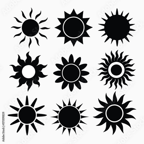 set of black and white sun icons