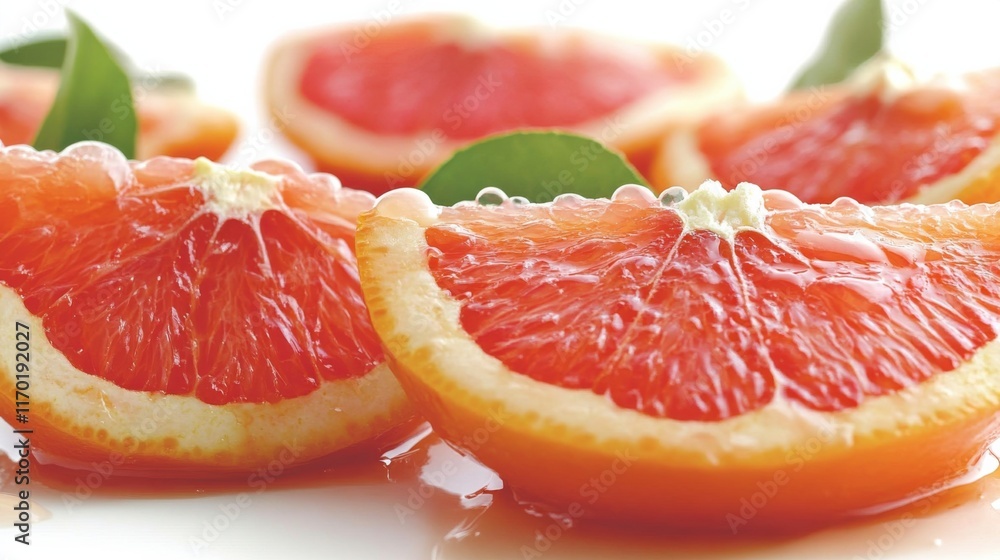 Fresh and Juicy Citrus Fruit Slices with Vibrant Red Flesh and Glistening Juice on Clean White Background, Perfect for Healthy Eating and Cooking Themes Fresh and Juicy Citrus Fruit Slices with Vibrant Red Flesh and Glistening Juice on Clean White Background, Perfect for Healthy Eating and Cooking Themes