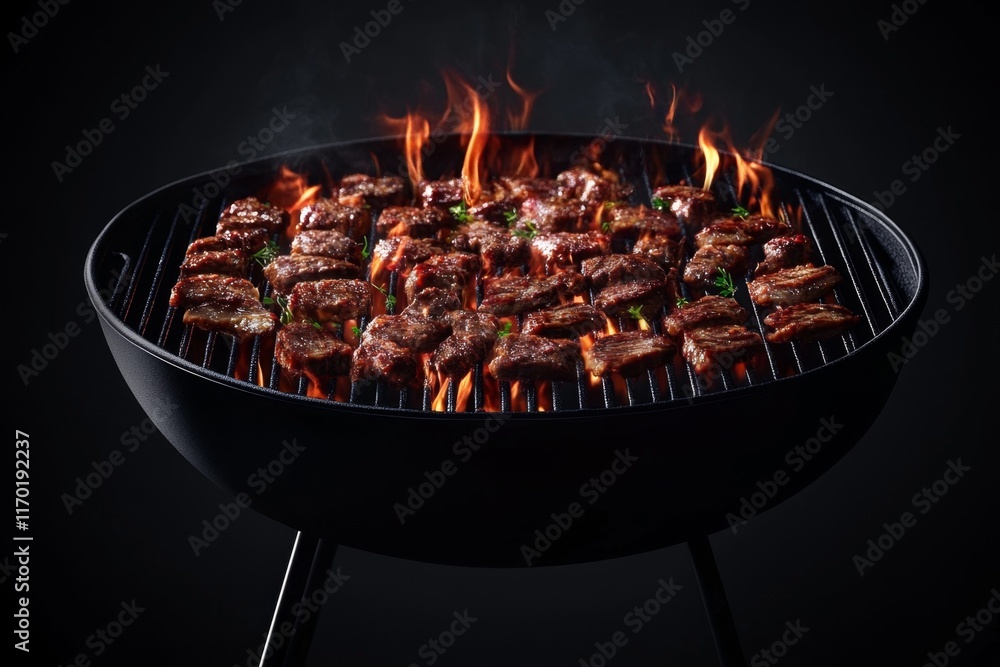 Flaming grill with sizzling beef cubes. Flaming grill with sizzling beef cubes.