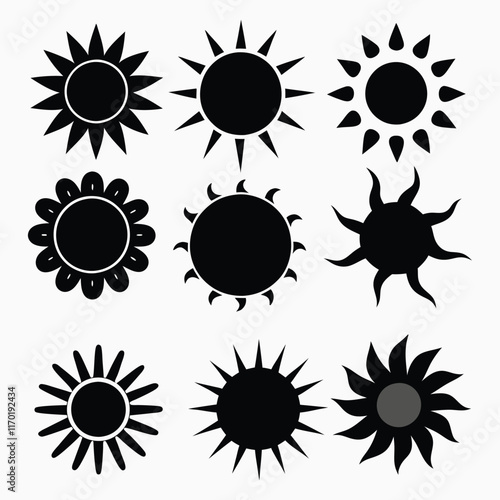 set of black and white sun icons vector