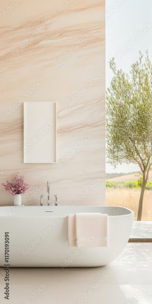 Fototapeta premium Elegant modern bathroom with a freestanding tub and beautiful outdoor view