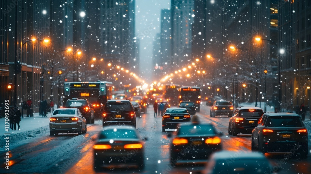 Fototapeta premium Bustling Chicago Street Scene Shrouded in Snowy Winter Night