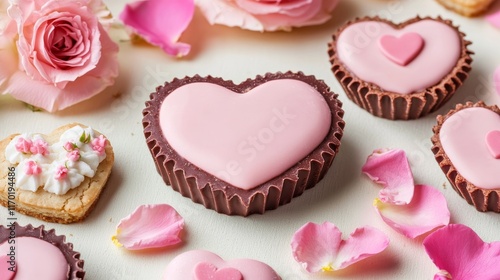 Beautiful tasty romantic selection of pink chocolate love heart shape cakes for wedding mothers day valentines day spring flower biscuits tartlet and rose petals