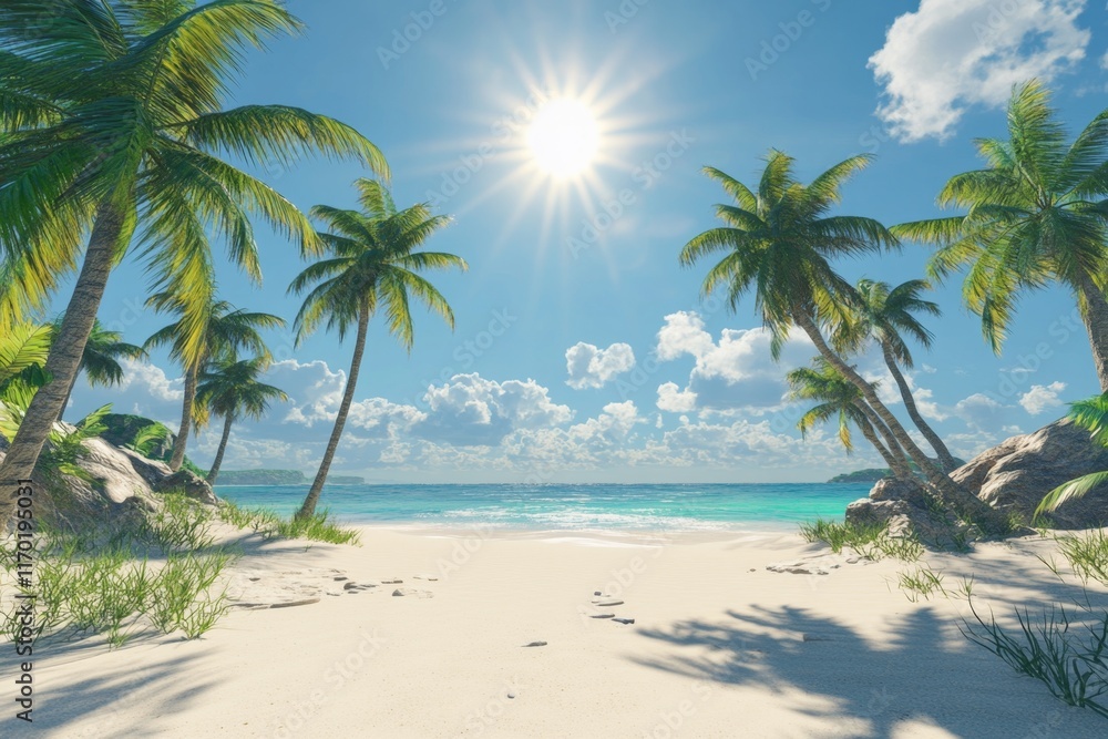 Idyllic tropical beach scene with palm trees, white sand, and turquoise ocean under a bright sun. (10) Idyllic tropical beach scene with palm trees, white sand, and turquoise ocean under a bright sun. (10)