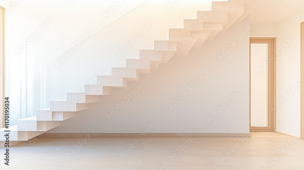 Modern minimalist interior featuring a floating staircase in a bright airy room Modern minimalist interior featuring a floating staircase in a bright airy room