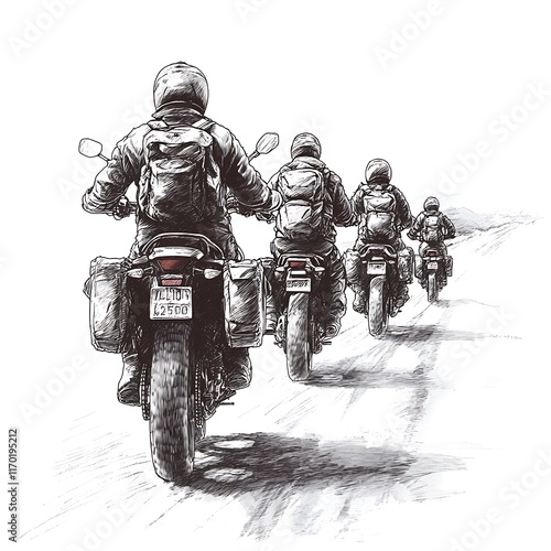 Four motorcyclists with backpacks riding adventure bikes on a scenic road trip. photo