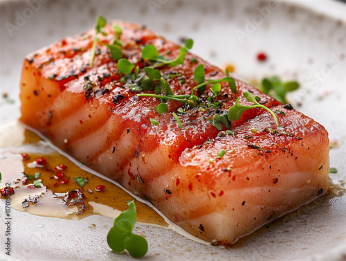 Food photography. A piece of red fish with seasoning  and herbs before cooking. Photo for an online store or magazine article. photo