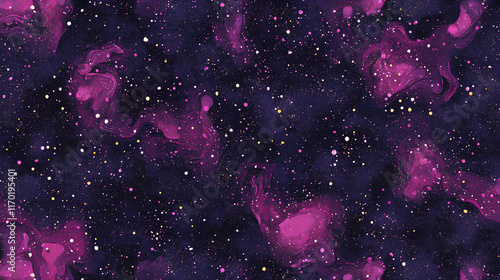 Fototapeta Naklejka Na Ścianę i Meble -  Seamless pattern of the outer space with galaxies and stars, dark pink and purple colors 