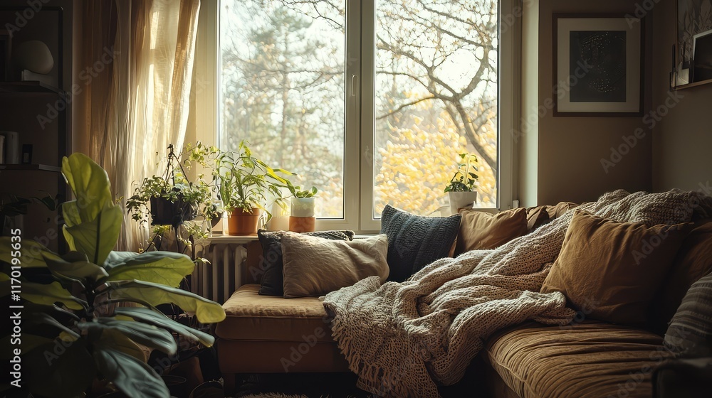 Obraz premium Cozy Indoor Living Space with Natural Light and Plants