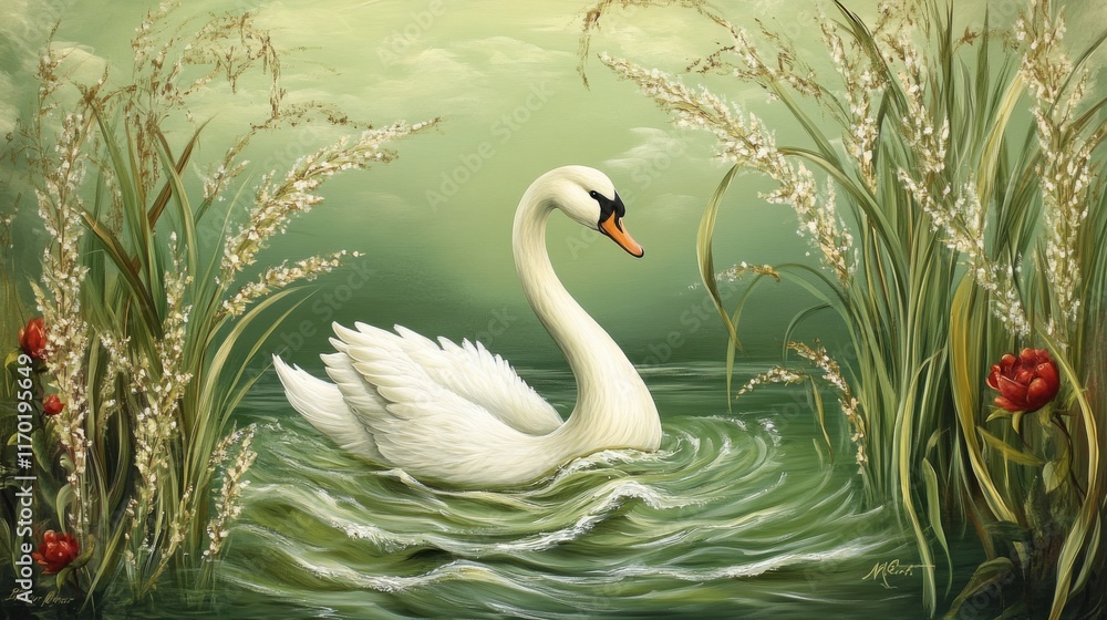 Obraz premium Swan in a green water lake, gentle waves lapping against the shore, framed by reeds and flowers