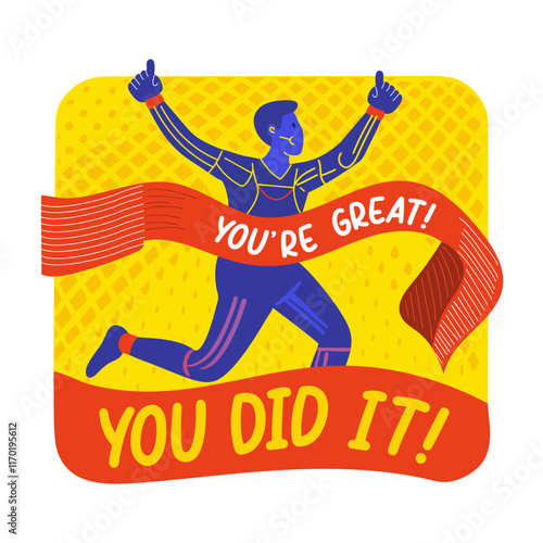 Flat sticker showcasing a winning character with you did it typography
