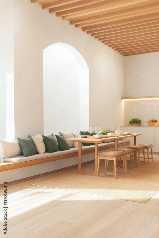 Fototapeta premium Bright and modern dining area with minimalist design and natural light in a cozy home