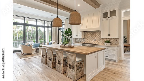 Bright kitchen with island, wood floors, and view.