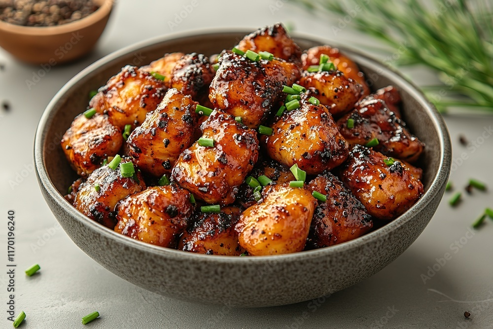 Delicious glazed chicken bites in a bowl, garnished with fresh herbs. Perfect appetizer or snack! Delicious glazed chicken bites in a bowl, garnished with fresh herbs. Perfect appetizer or snack!