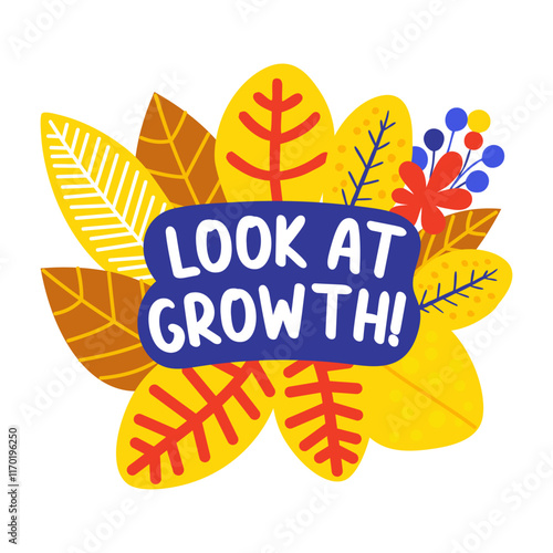 A flat sticker of leaves with growth typography
