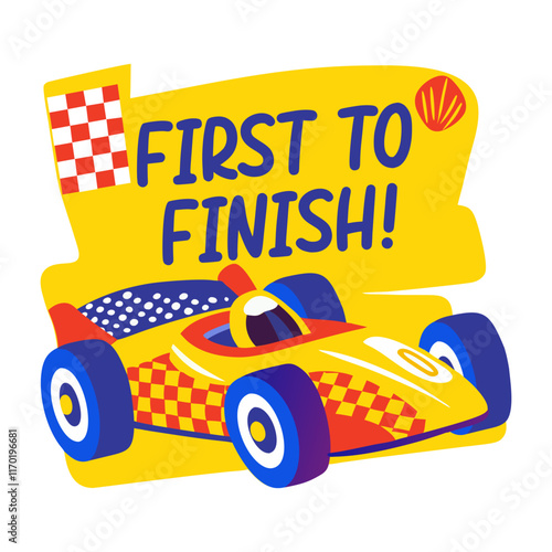 Flat sticker of a racing car with first to finish typography