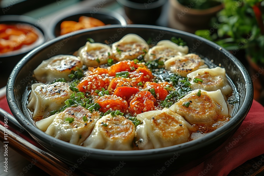 Pan-fried dumplings in a savory sauce, garnished with sesame seeds and green onions. A delicious and visually appealing dish. Pan-fried dumplings in a savory sauce, garnished with sesame seeds and green onions. A delicious and visually appealing dish.
