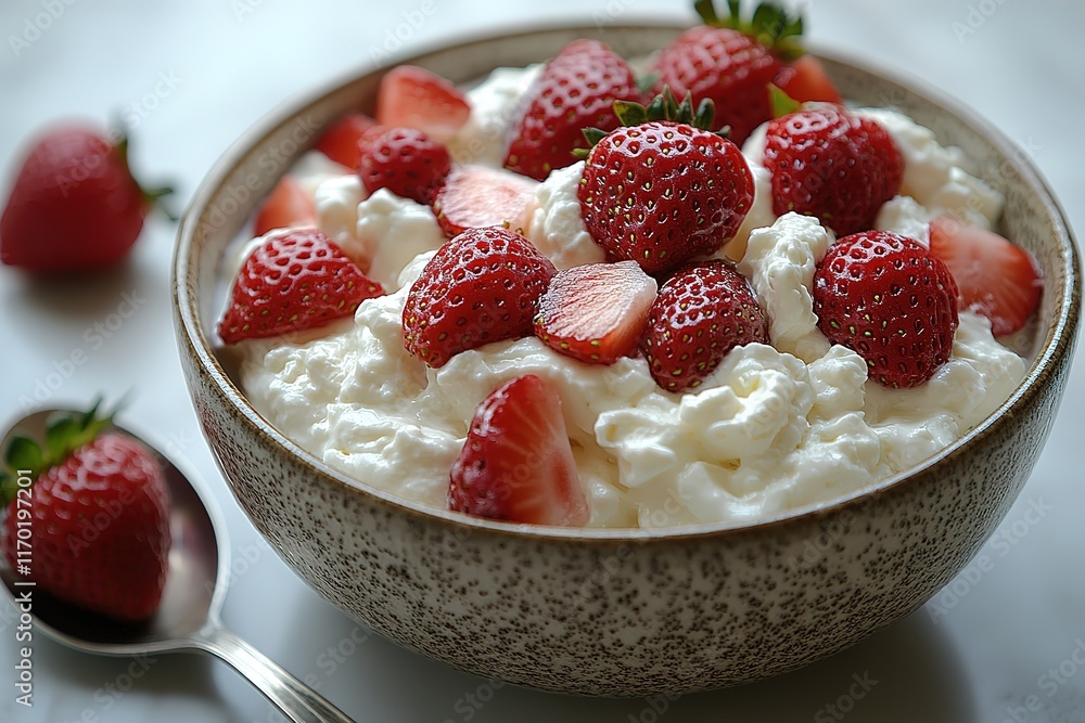 Fresh strawberries and cream in a rustic bowl. A delightful and simple dessert. Fresh strawberries and cream in a rustic bowl. A delightful and simple dessert.