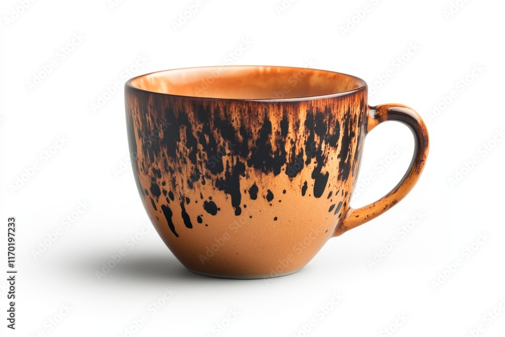 Tan ceramic mug with dark brown splatter design. Tan ceramic mug with dark brown splatter design.
