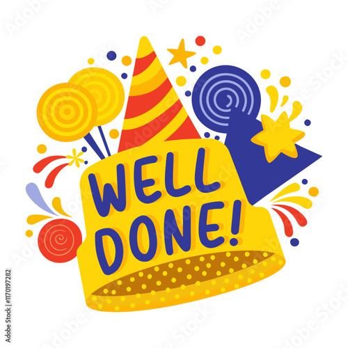 A flat sticker of a celebration cap with well done typography written on it