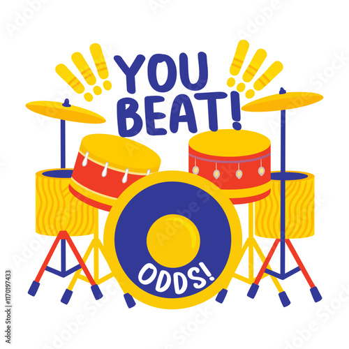 A flat sticker of a drum set with you beat typography