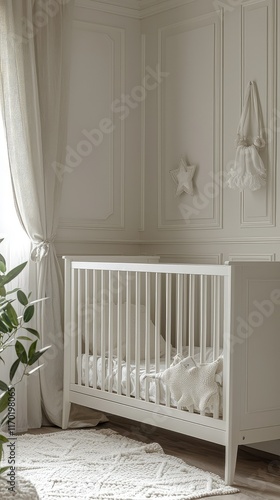Cozy and Serene Baby Nursery with White Crib and Soft Textures