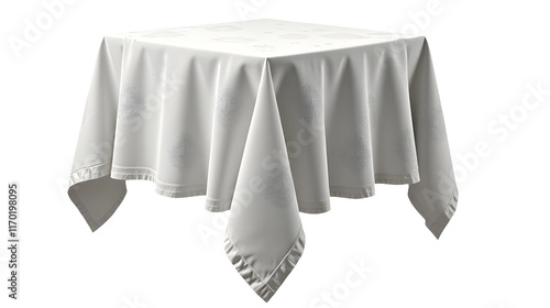 A pristine white tablecloth defies gravity, floating mysteriously above a square table.  An illusion of levitation., cut out photo