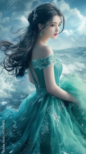 Stunning Woman in Teal Gown by the Sea