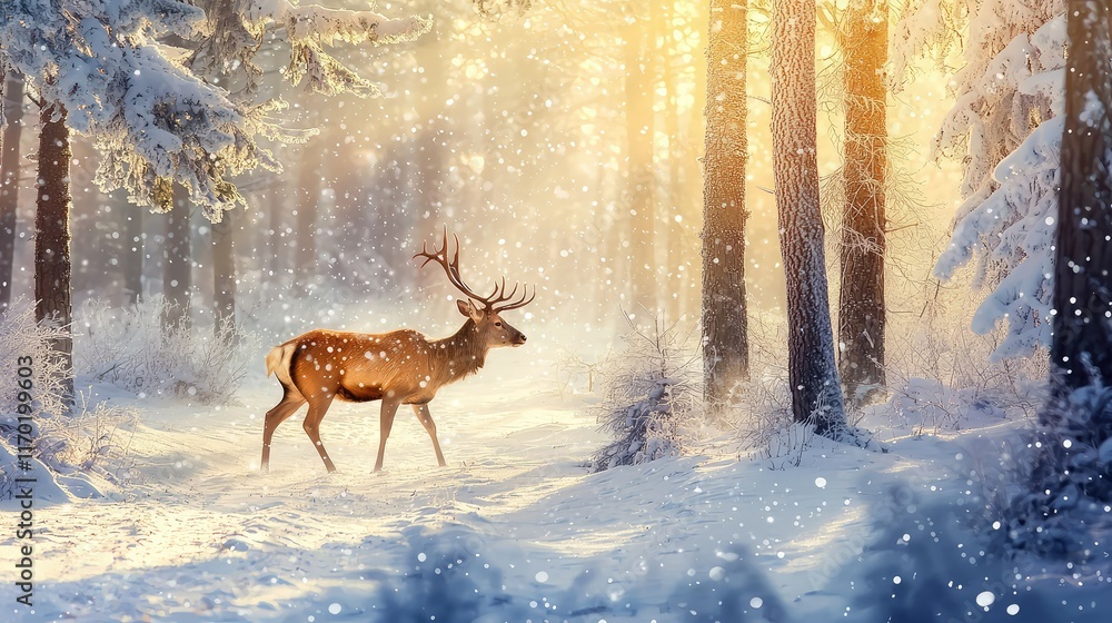 Majestic Deer Walking Through Serene Snowy Forest During Winter Majestic Deer Walking Through Serene Snowy Forest During Winter