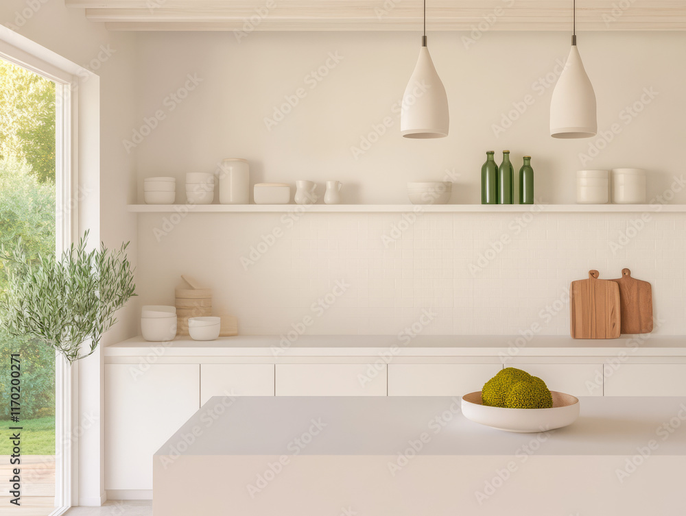 Fototapeta premium Modern kitchen with minimalist design featuring green bottles and natural elements