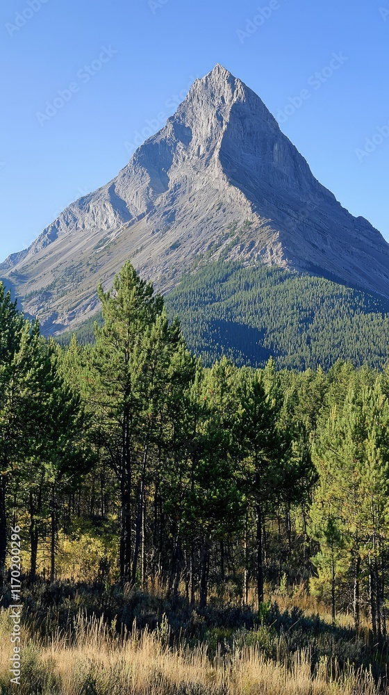 Fototapeta premium Majestic Mountain Peak Surrounded by Pine Trees Under Clear Sky