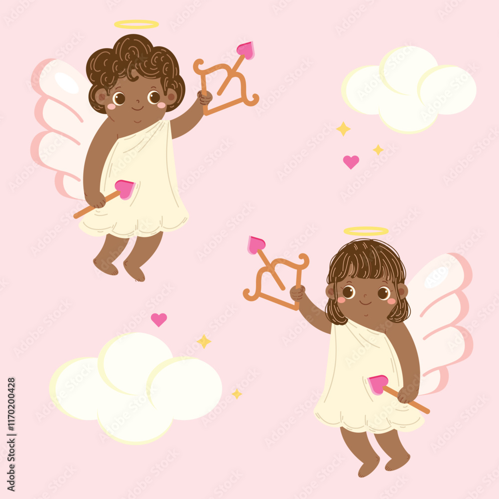 Cute Hand Drawn Cartoon Vector Cupid Angel Valentine Brown Skin Cute Hand Drawn Cartoon Vector Cupid Angel Valentine Brown Skin