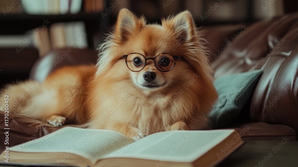 A dog with glasses lying on a couch next to an open book, exuding a cozy atmosphere. A dog with glasses lying on a couch next to an open book, exuding a cozy atmosphere.