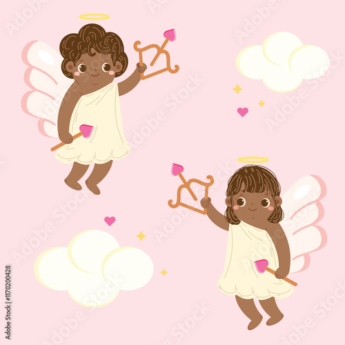 Cute Hand Drawn Cartoon Vector Cupid Angel Valentine Brown Skin photo