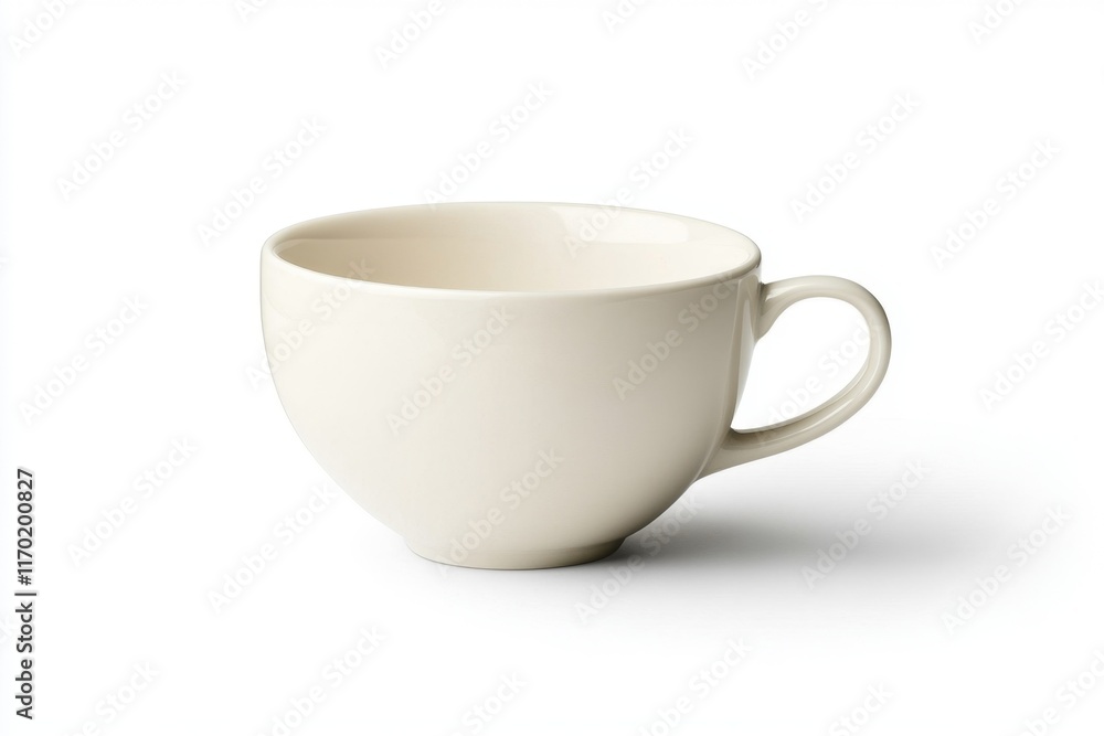 Off-white porcelain teacup with a curved handle. Off-white porcelain teacup with a curved handle.