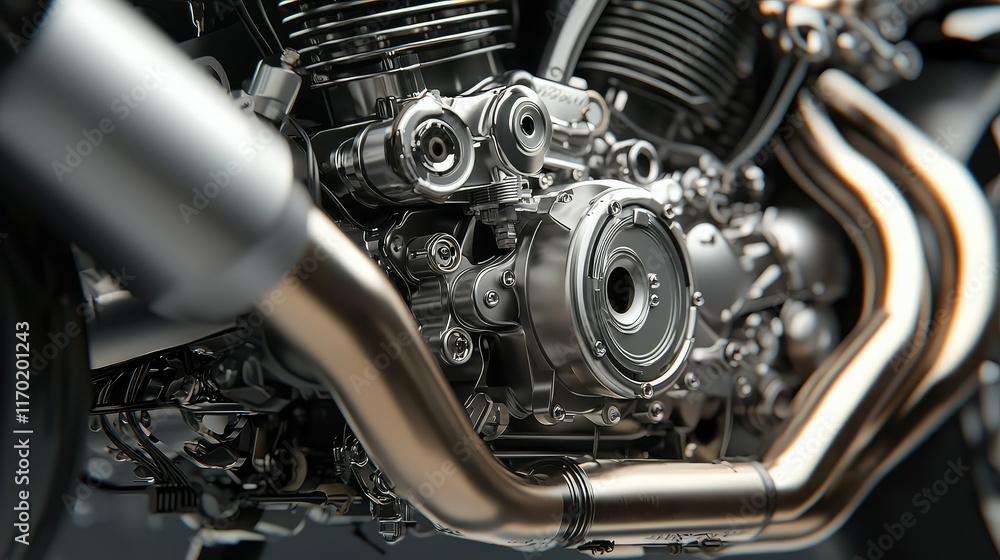 Close-Up View of Motorcycle Engine with Chrome Details and Pipes Close-Up View of Motorcycle Engine with Chrome Details and Pipes