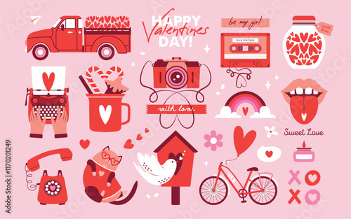 Big set of vector isolated illustrations to Saint Valentine's Day. Pink clip arts with bicycle, heart shaped balloon, camera, typewriter, jar with hearts, telephone, lips, mixtape, cat, pickup truck.